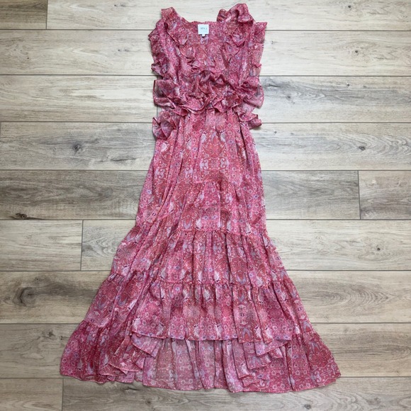 Misa Los Angeles Dresses & Skirts - MISA Los Angeles Natasha Dress Pink Floral Ruffle Midi High-Low Coquette Large